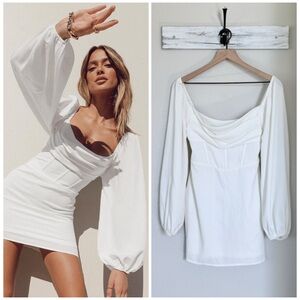 PRINCESS POLLY 4 Lillie Long Sleeve Corset Mini Dress • Balloon Sleeve • White